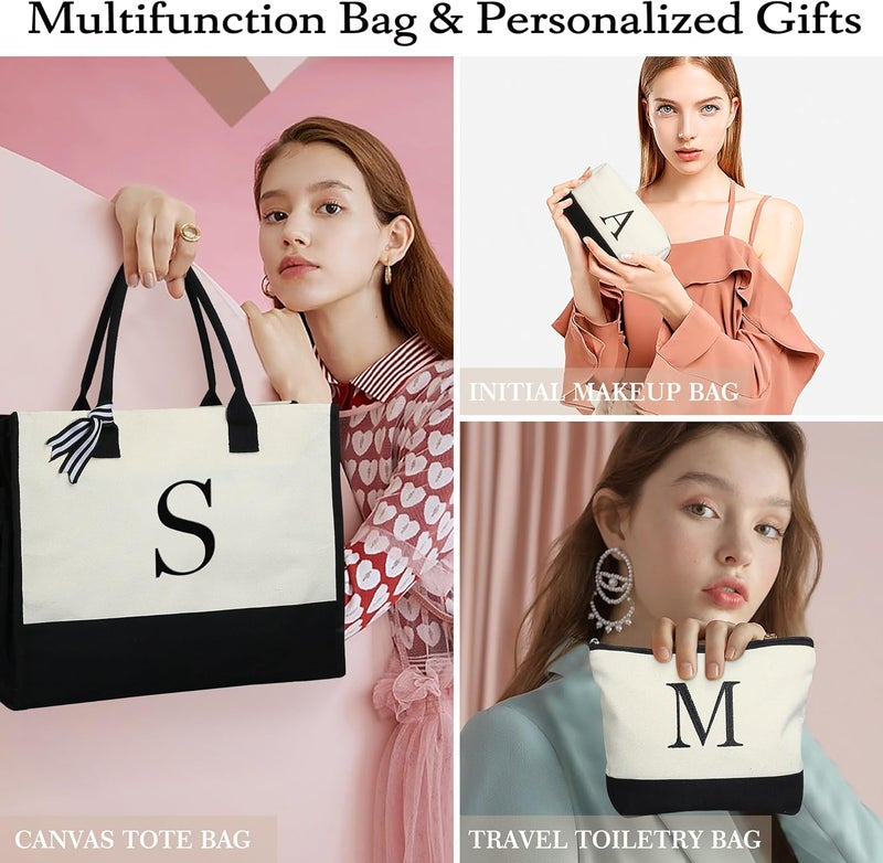 YOOLIFE Valentines Day Gifts for Women - Initial Canvas Tote Bag & Makeup Bag, Birthday Gifts for Women Mom Sister Friends - Image 3